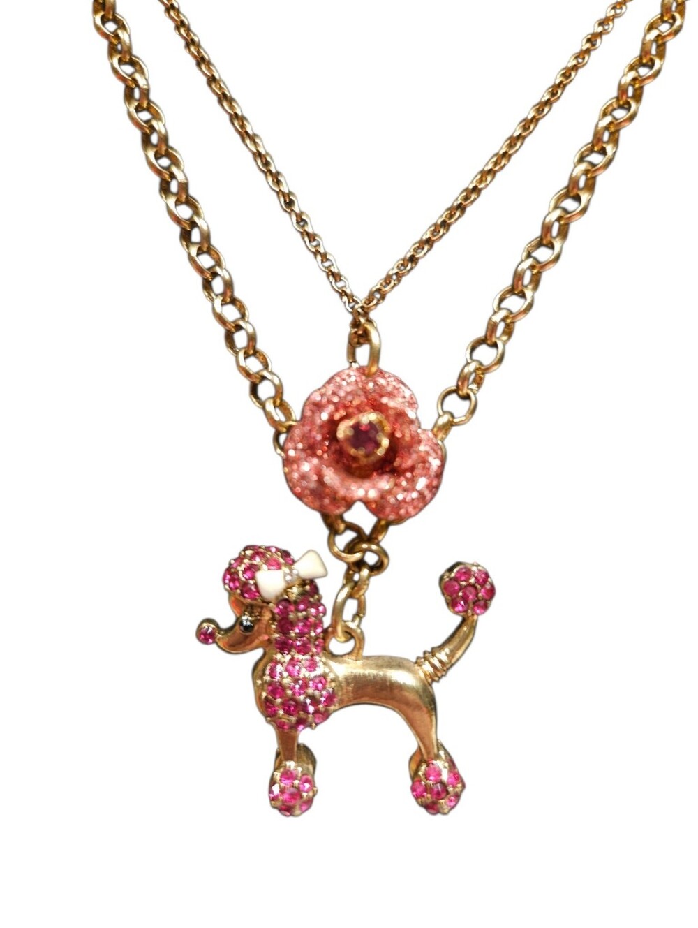 🐩🌹Betsey Layered 2-Chain Poodle Dog Charm Necklace Pink Accents - NWT